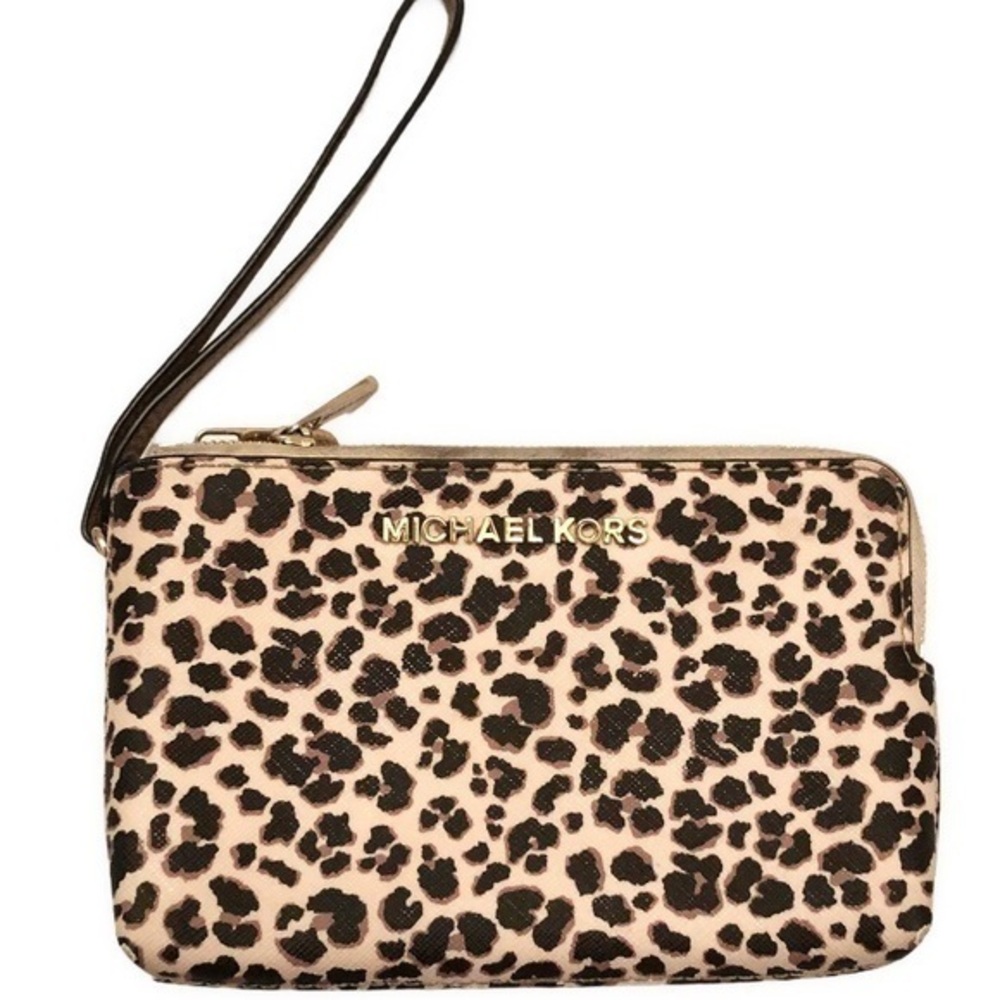 Michael kors leopard 3 zipper wristlet clutch bag